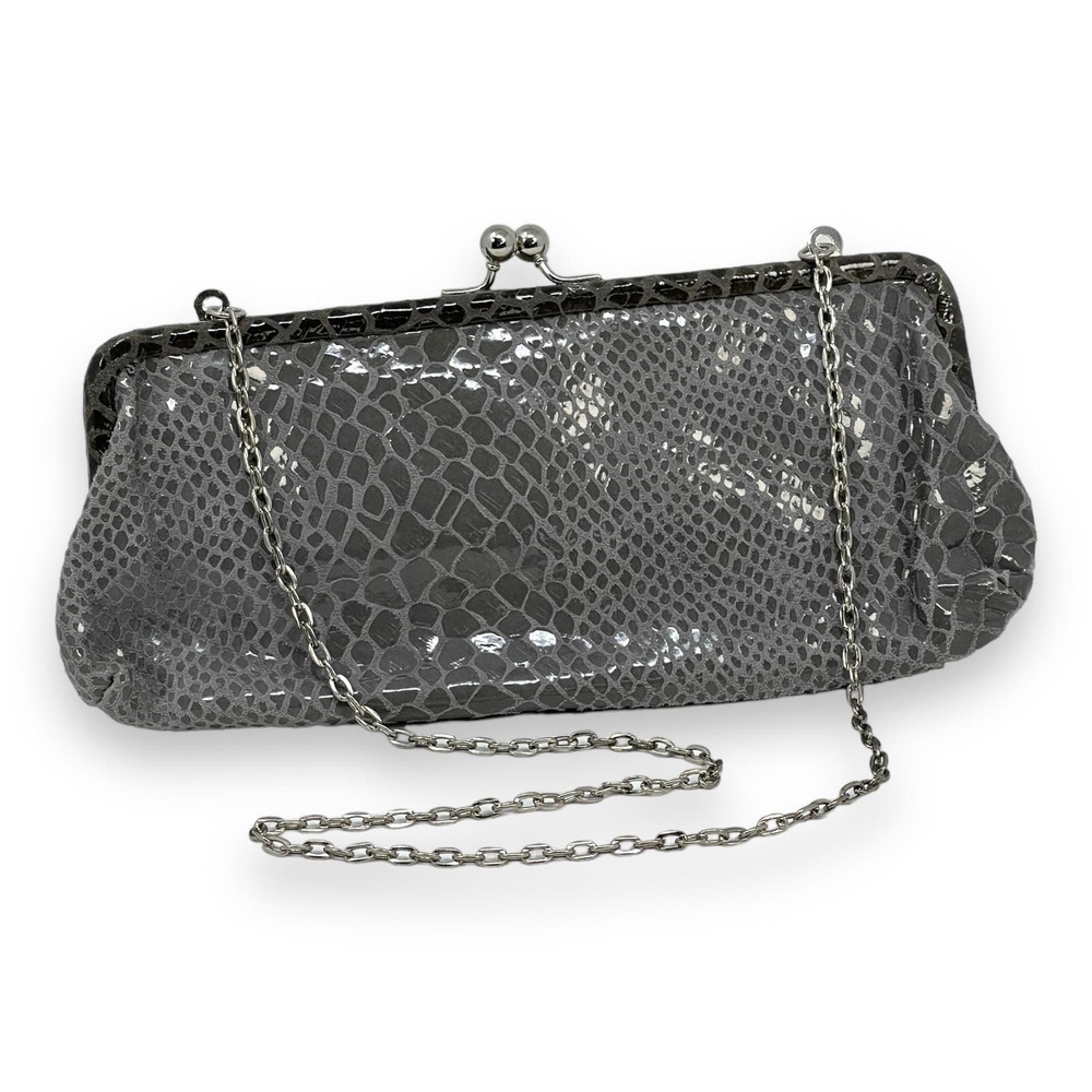 Gray Patent Snake-Embossed Clutch with Chain Strap